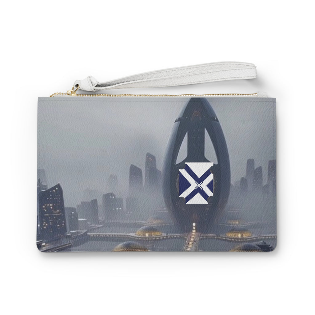 Futuristic Cityscape Clutch Bag — Sci‑Fi Skyline Wristlet with Emblem