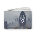 Futuristic Cityscape Clutch Bag — Sci‑Fi Skyline Wristlet with Emblem