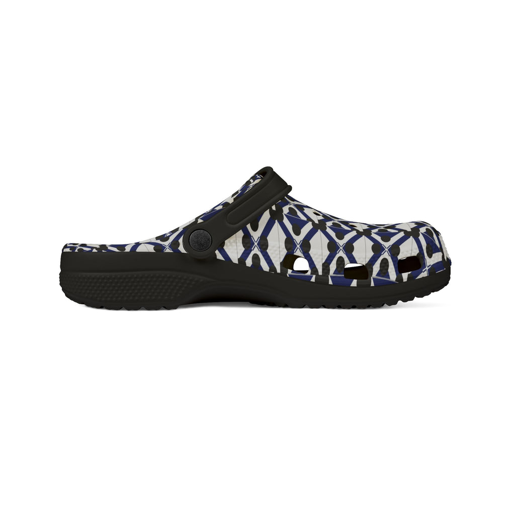 Patterned EVA Foam Clogs — Navy Geometric All-Over Print