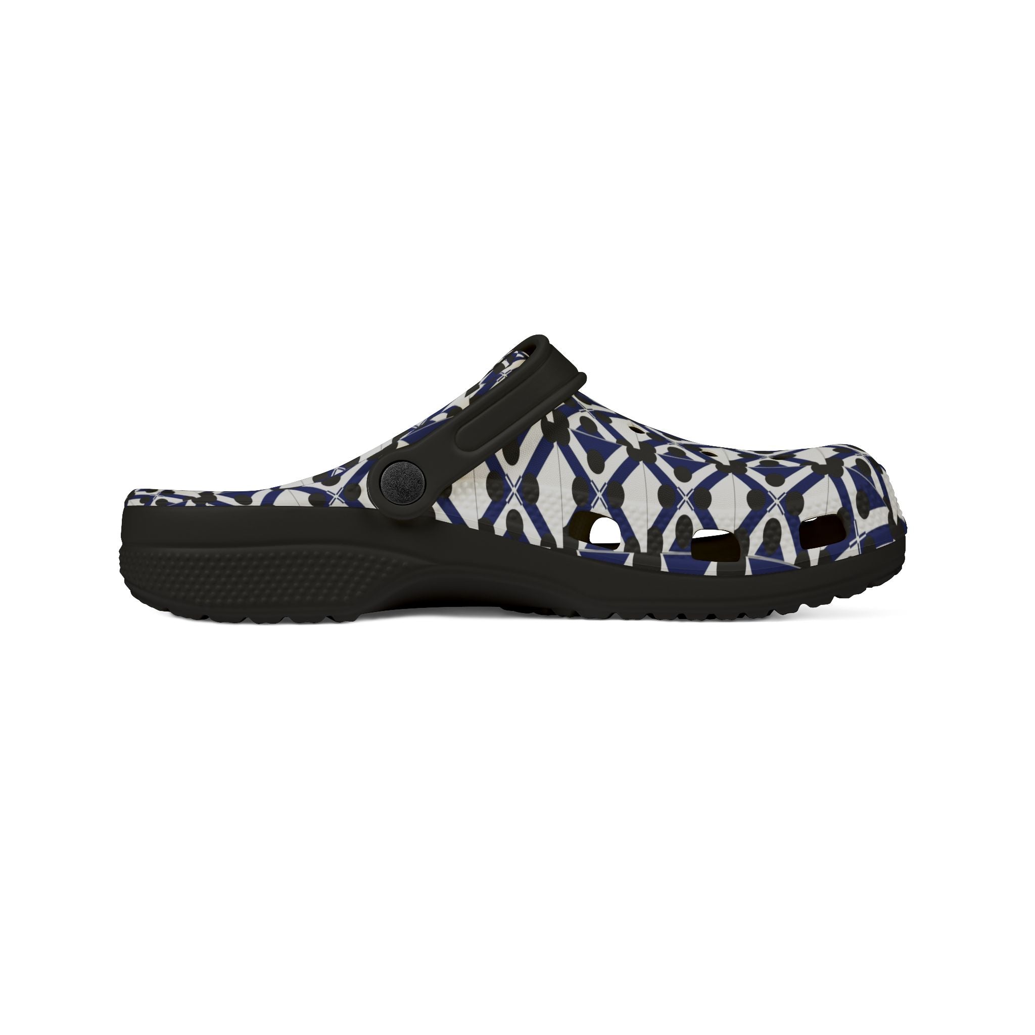 Patterned EVA Foam Clogs — Navy Geometric All-Over Print