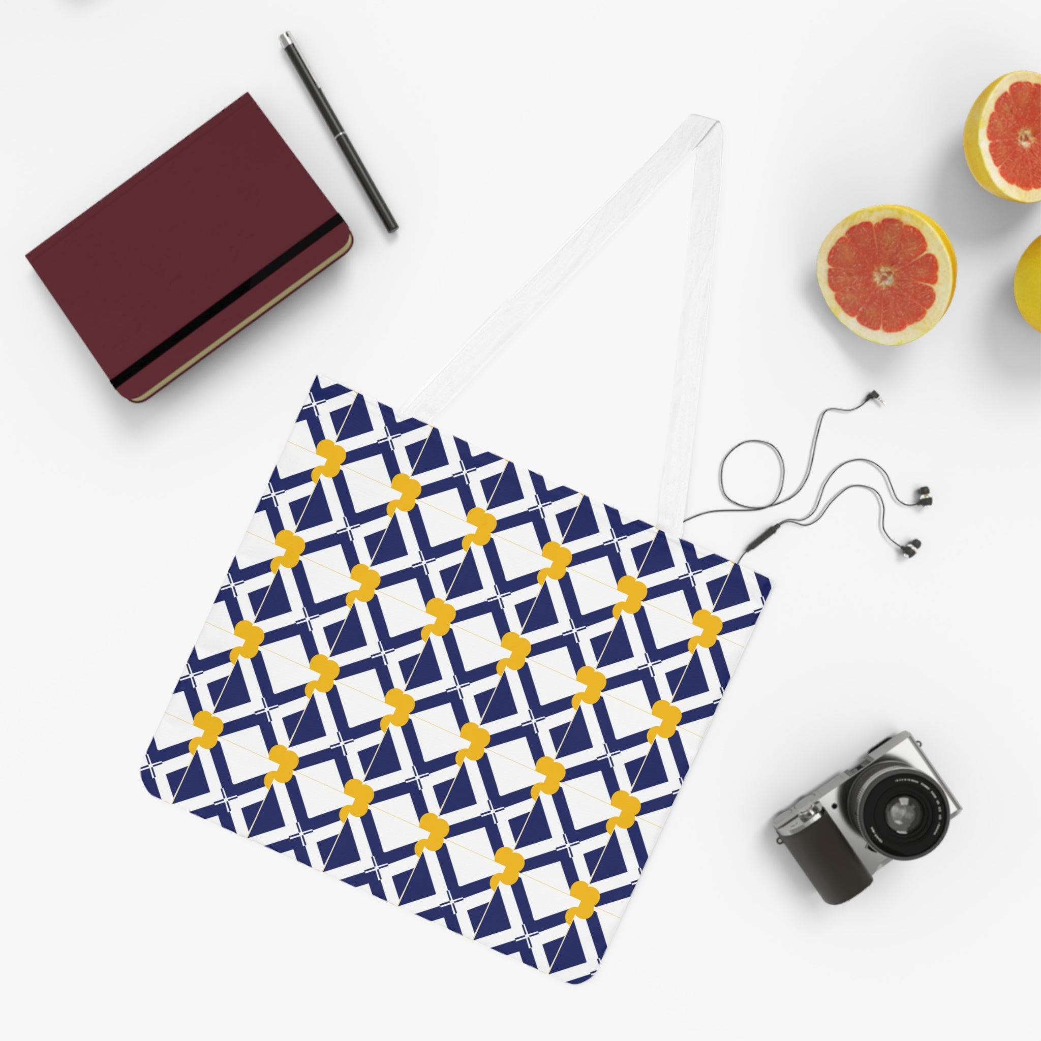 XT8 Navy & Mustard Geometric Shoulder Tote Bag — Patterned Market Bag