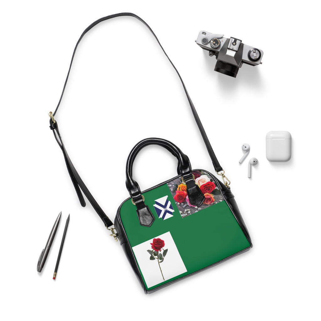 Green Rose Patchwork Shoulder Handbag — Floral Accent Tote