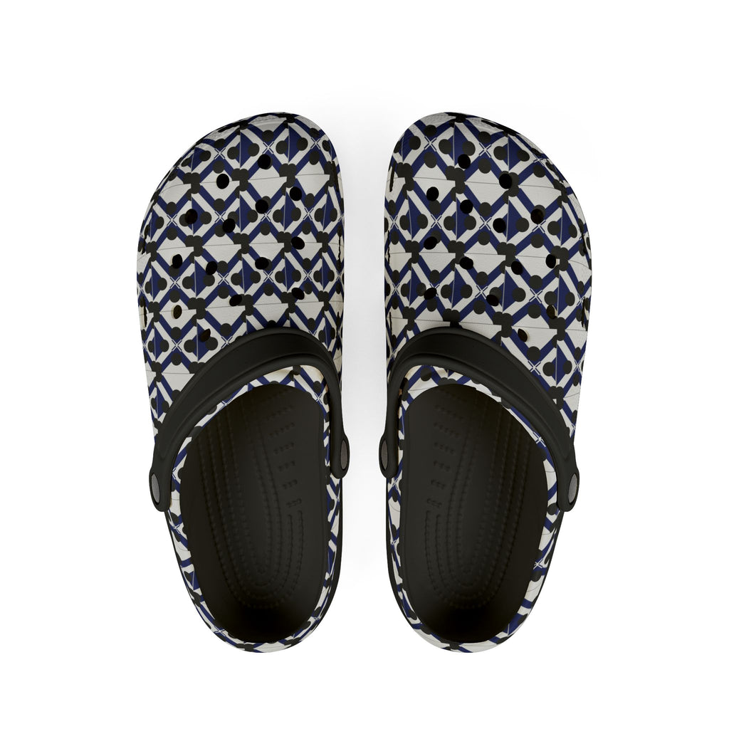 Patterned EVA Foam Clogs — Navy Geometric All-Over Print