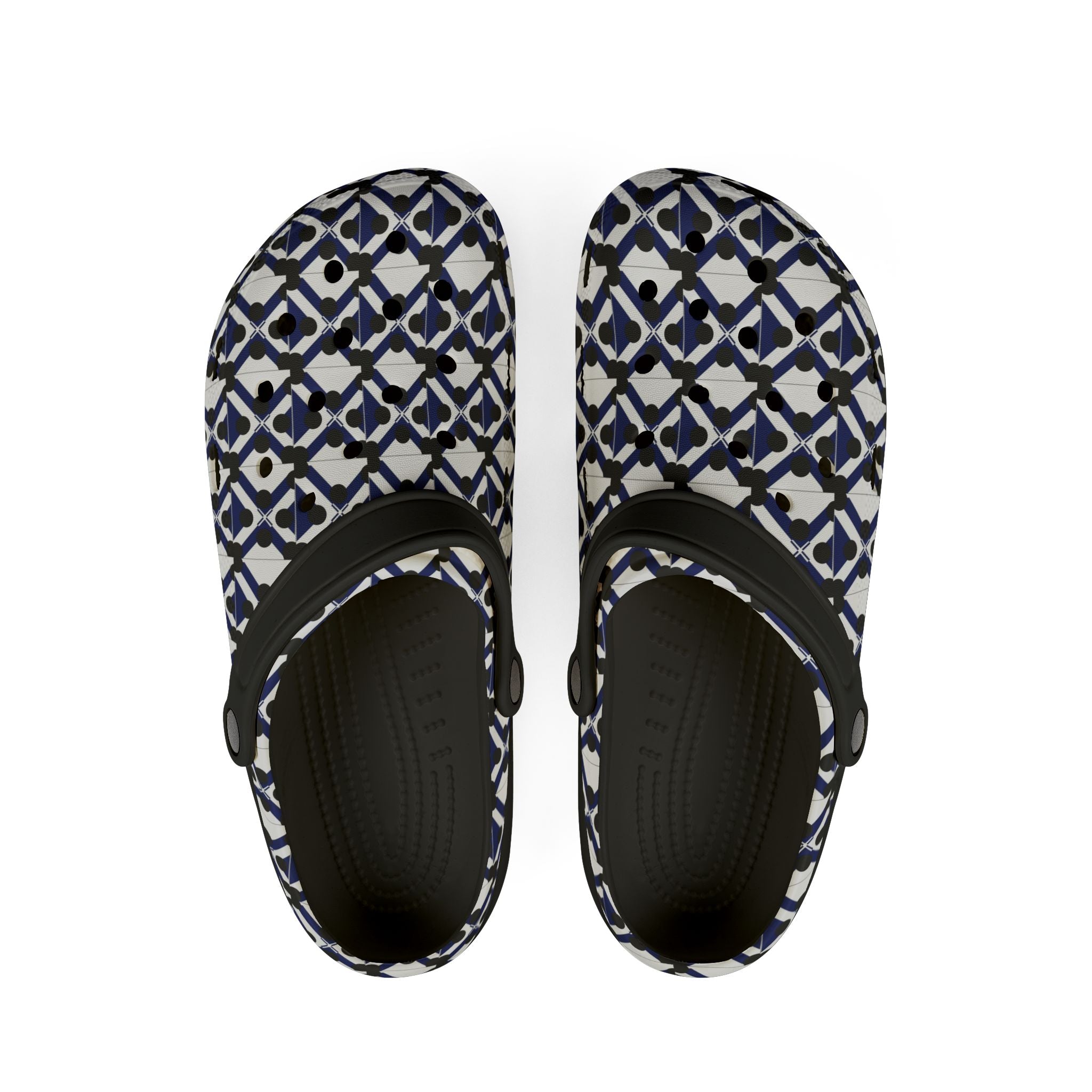 Patterned EVA Foam Clogs — Navy Geometric All-Over Print