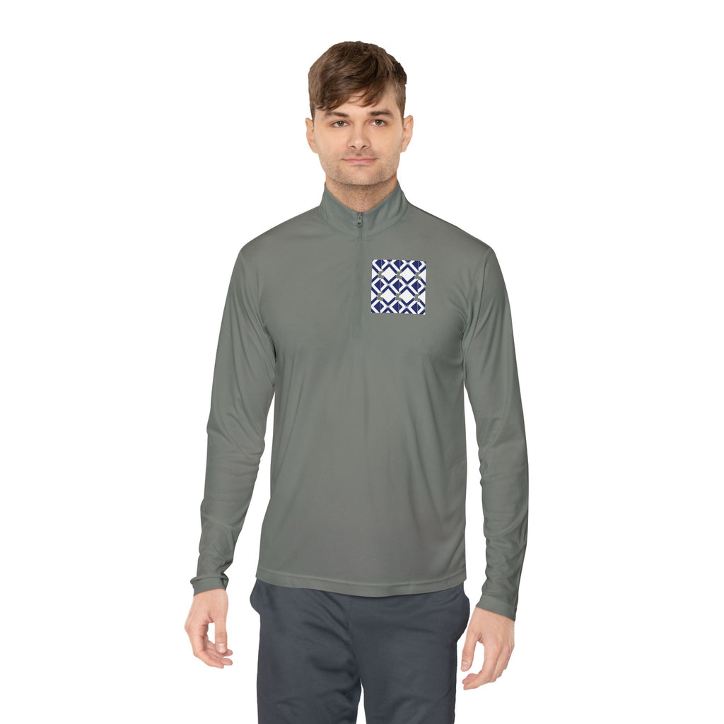 Quarter-Zip Pullover — Navy Geometric Tile Chest Graphic