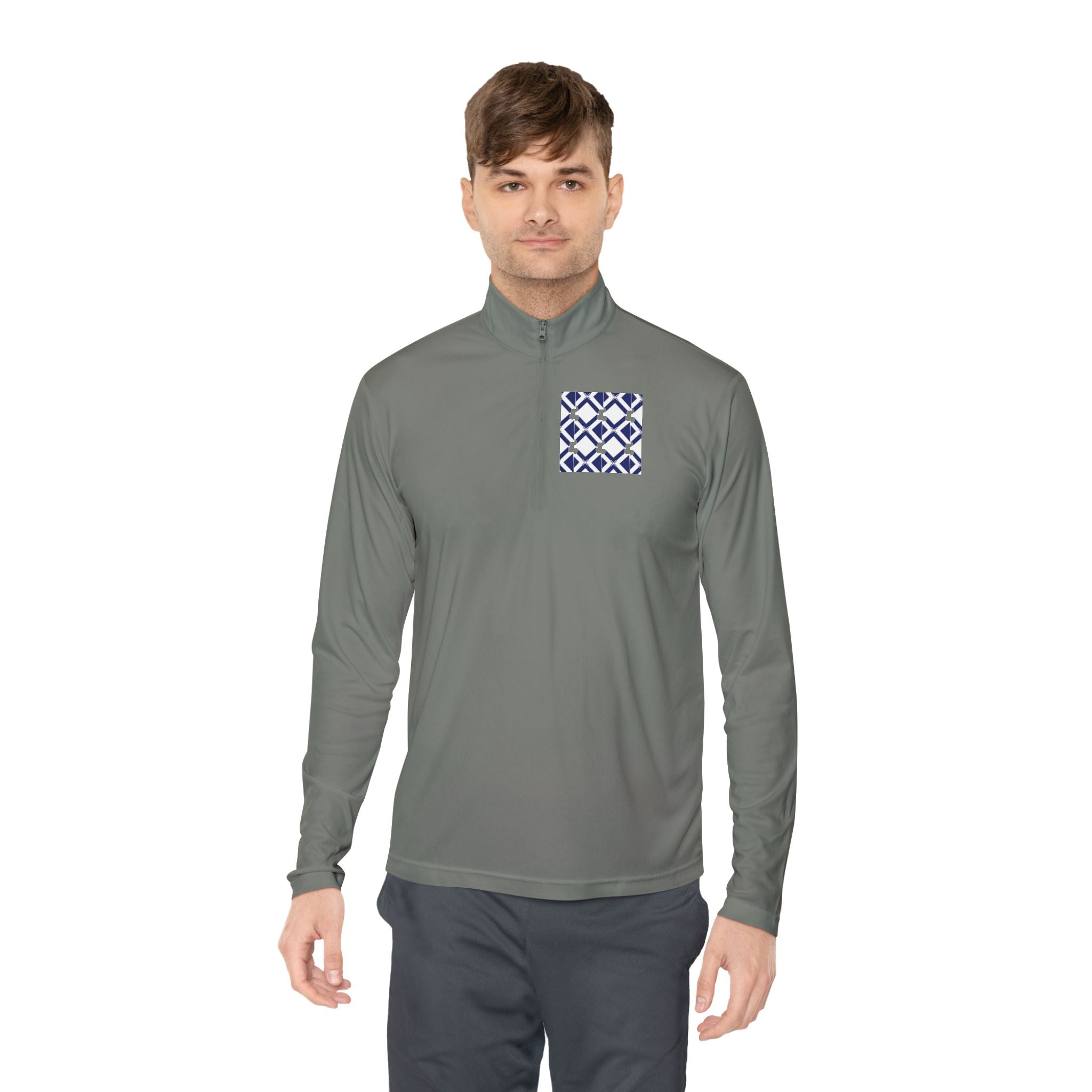 Quarter-Zip Pullover — Navy Geometric Tile Chest Graphic