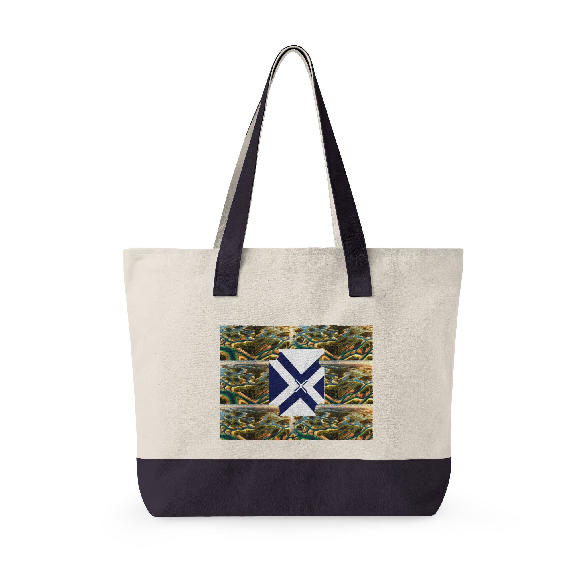 Canvas Tote Bag — Rustic Pine Forest Patch with Navy Saltire