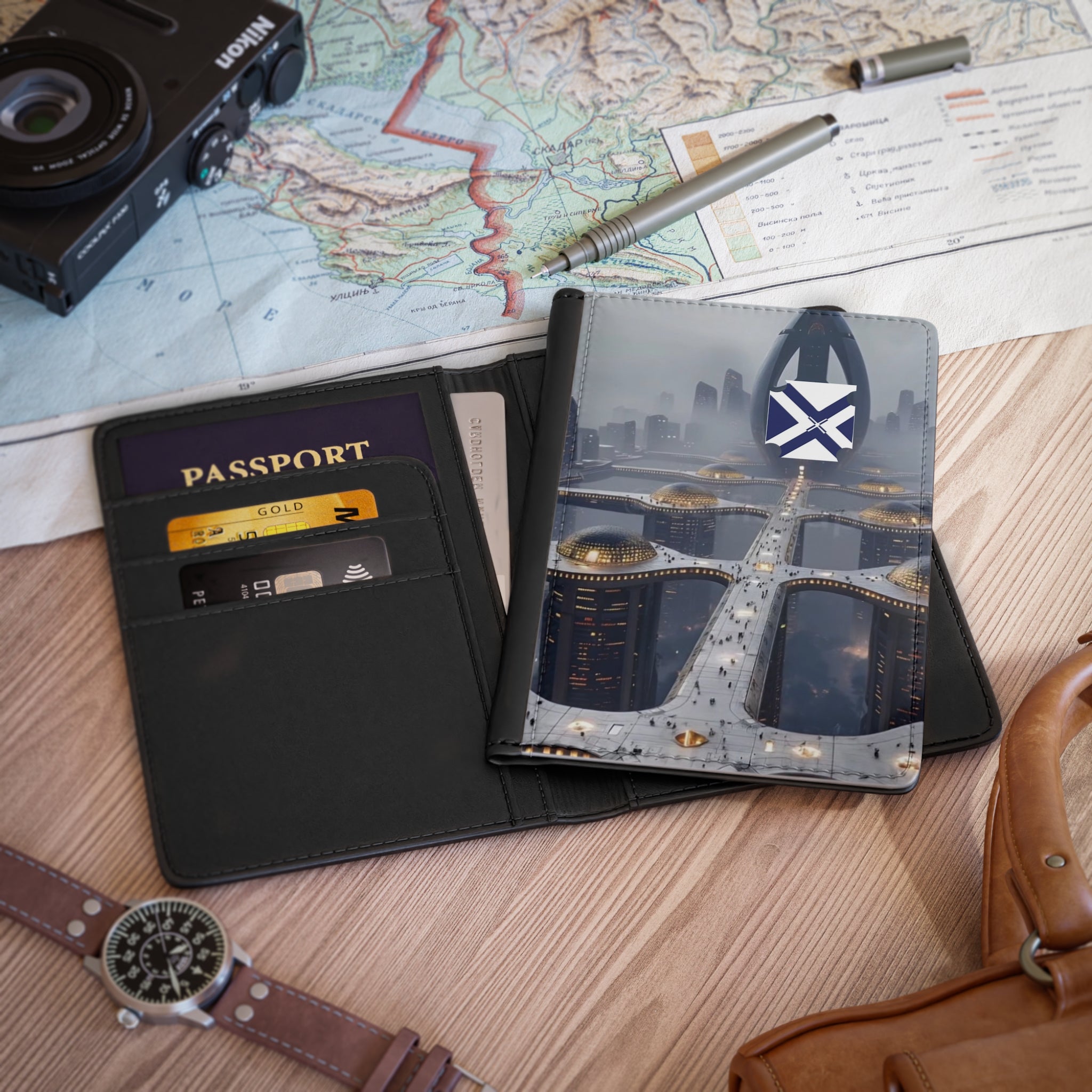 Futuristic Cityscape Passport Cover — Sci‑Fi Travel Protector