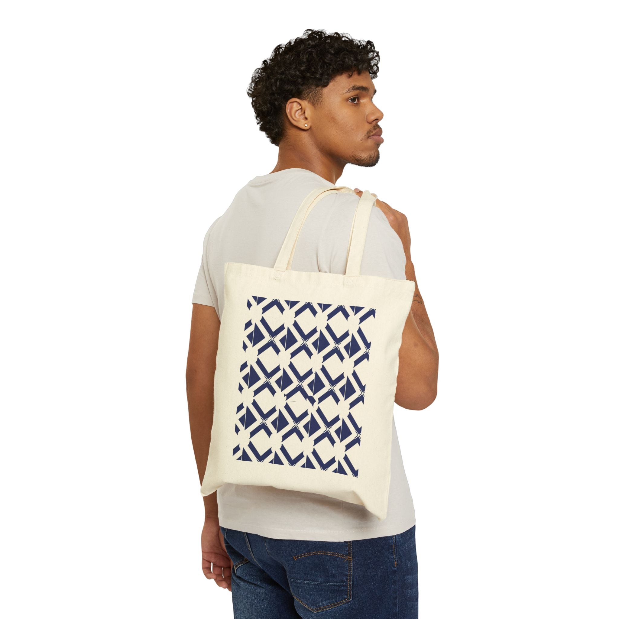 Geometric Navy Pattern Tote Bag — Canvas Grocery & Market Tote