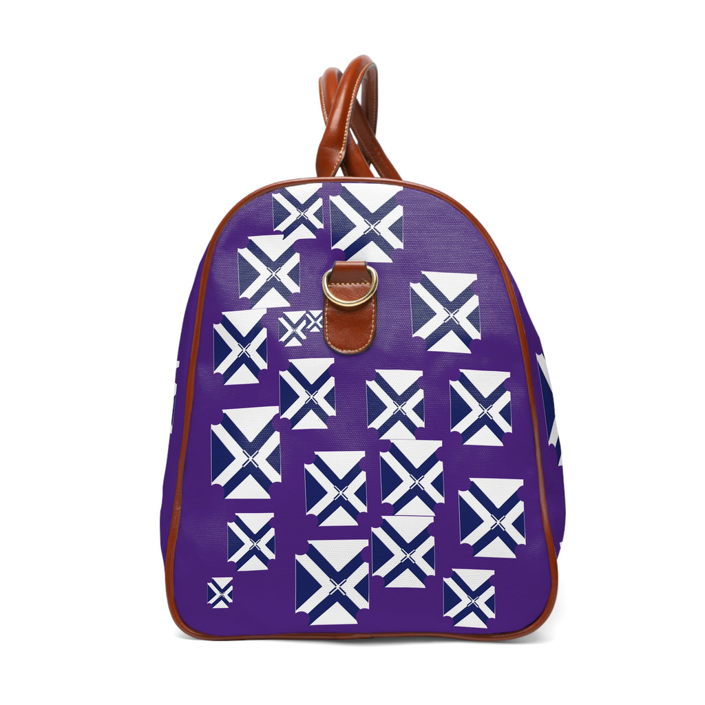 Purple Geometric Waterproof Travel Duffel — Patterned Overnight Bag