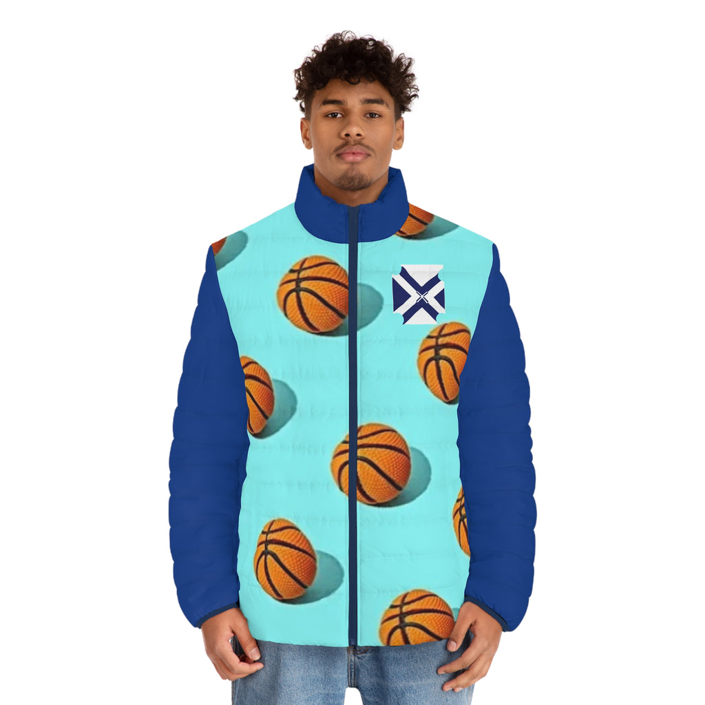 XT Basketball Pattern Puffer Jacket — Men's Aqua Blue All-Over Print