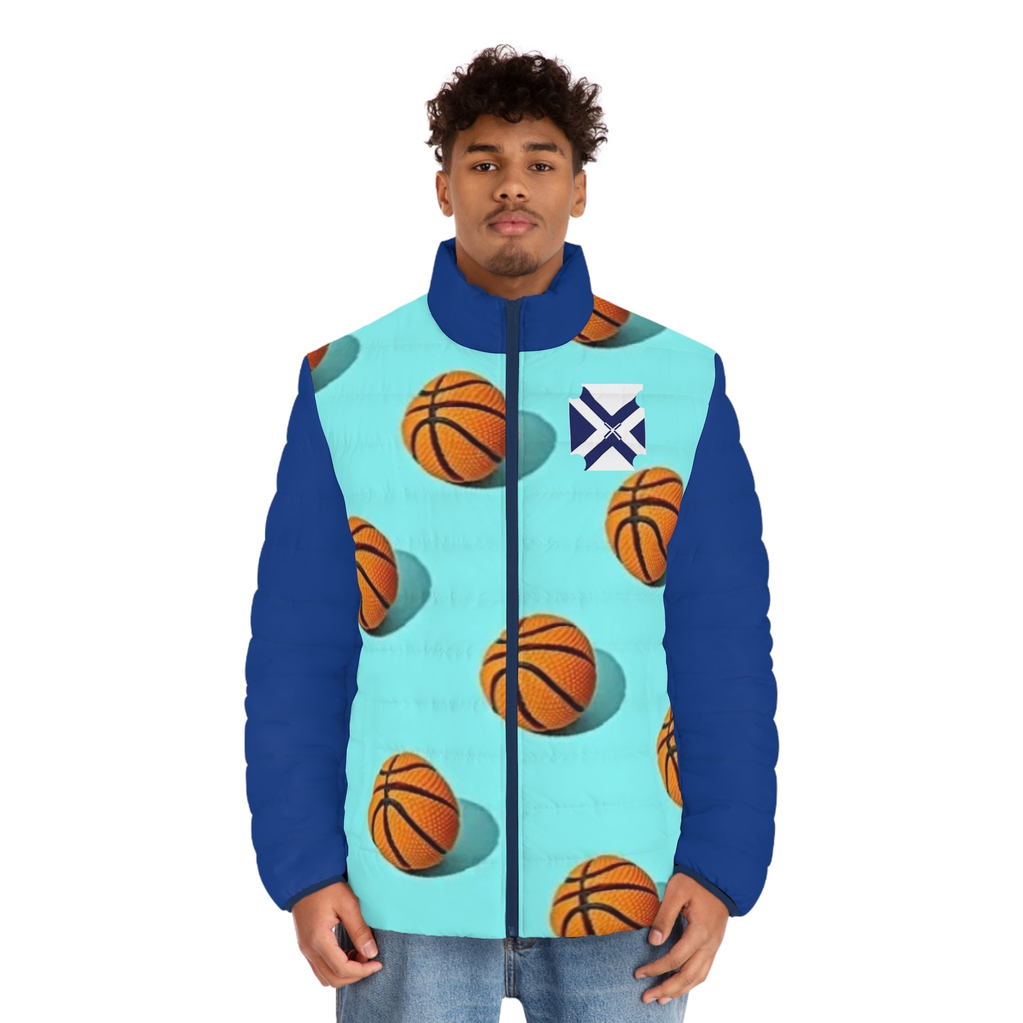 XT Basketball Pattern Puffer Jacket — Men's Aqua Blue All-Over Print