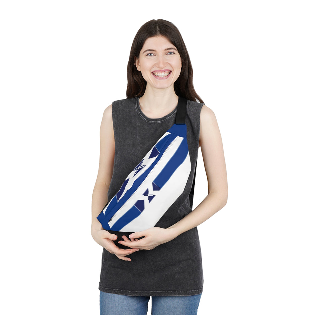Blue Geometric Large Fanny Pack — Sporty Waist Bag with X Stripe Design