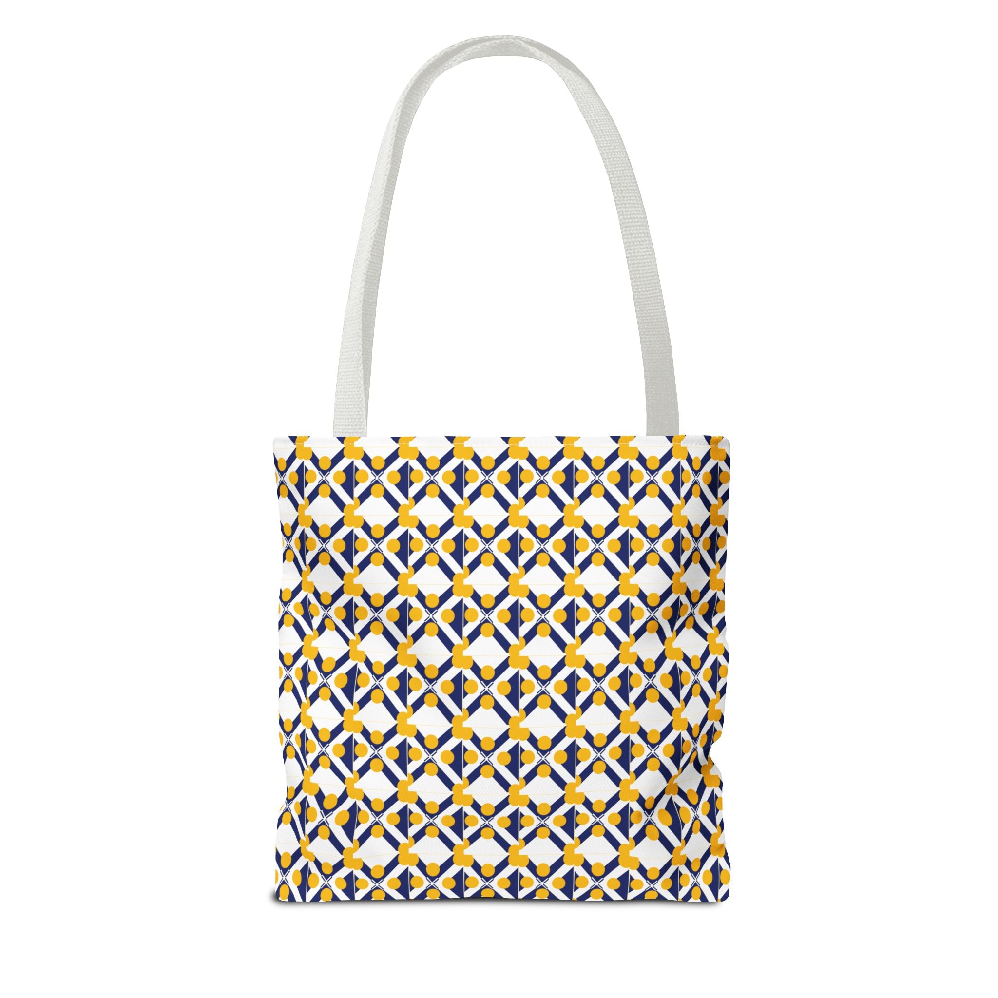 Geometric Mosaic Tote Bag — Yellow & Navy Patterned All-Over Print