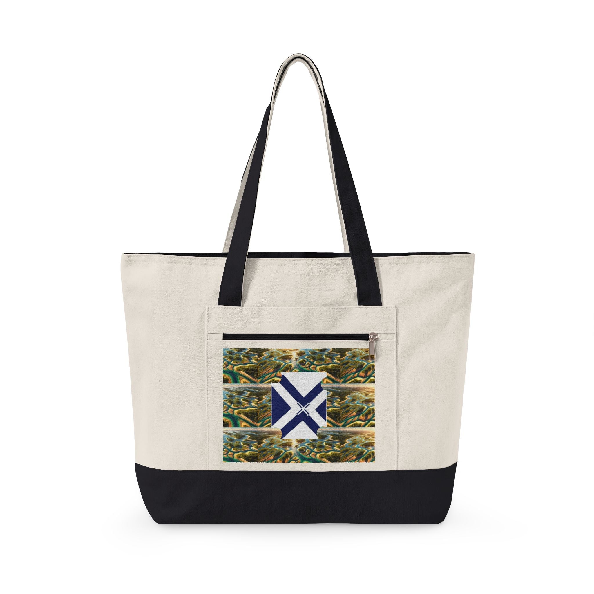 Canvas Tote Bag — Rustic Pine Forest Patch with Navy Saltire