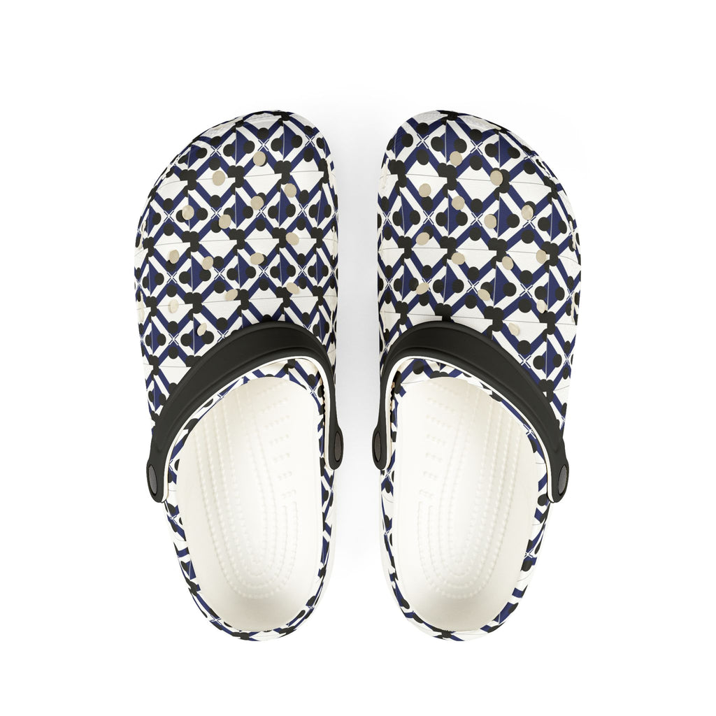 Patterned EVA Foam Clogs — Navy Geometric All-Over Print