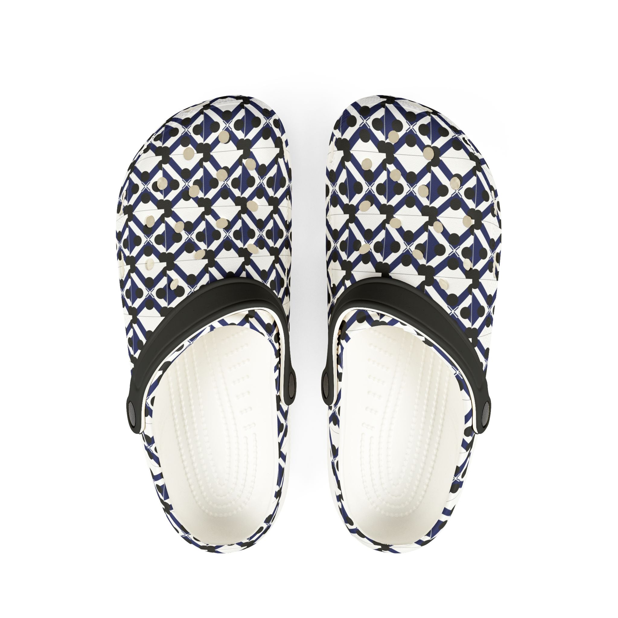 Patterned EVA Foam Clogs — Navy Geometric All-Over Print