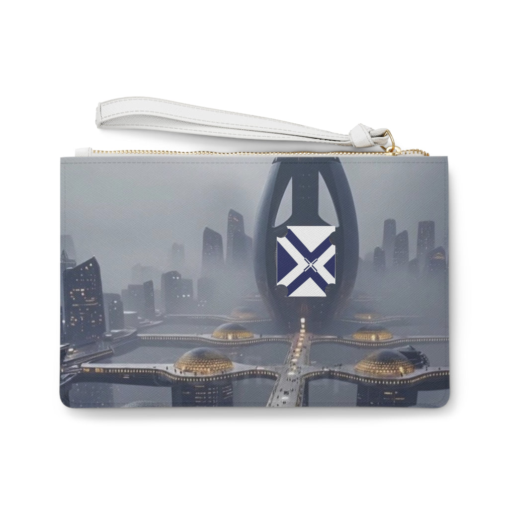 Futuristic Cityscape Clutch Bag — Sci‑Fi Skyline Wristlet with Emblem