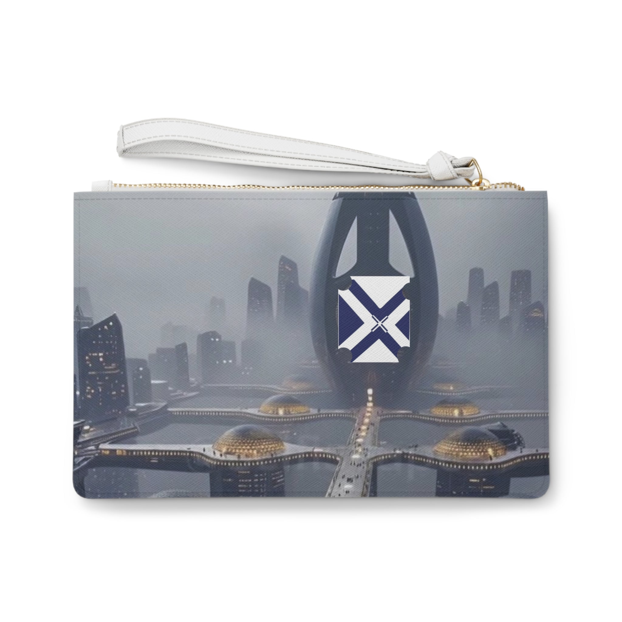 Futuristic Cityscape Clutch Bag — Sci‑Fi Skyline Wristlet with Emblem