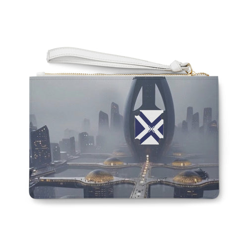 Futuristic Cityscape Clutch Bag — Sci‑Fi Skyline Wristlet with Emblem