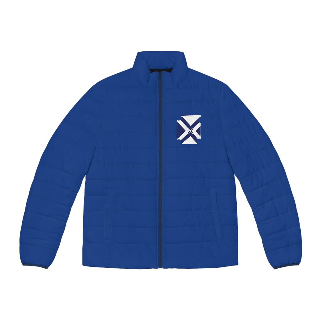 Men's Blue Puffer Jacket with Minimal Geometric Logo — Insulated Winter Coat