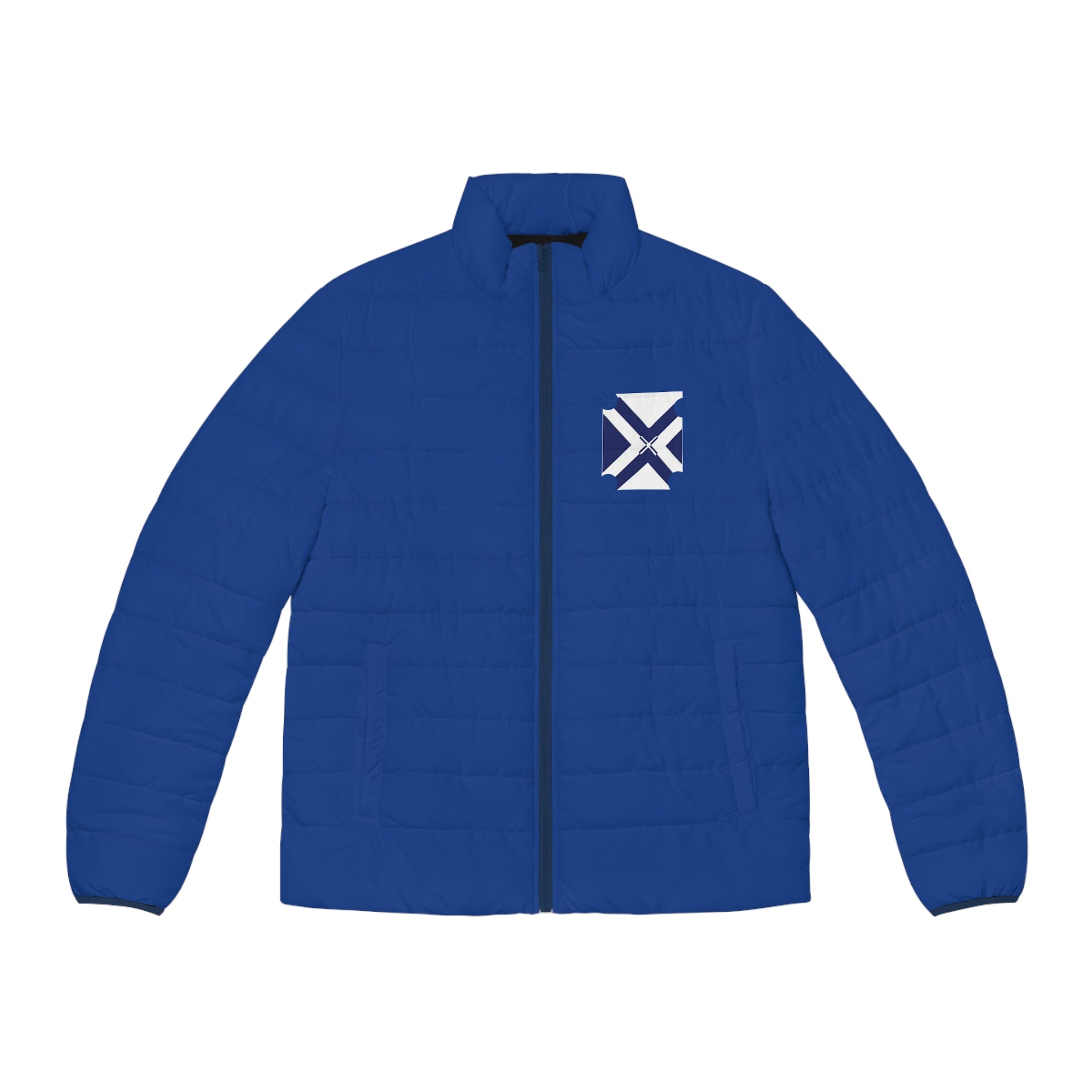 Men's Blue Puffer Jacket with Minimal Geometric Logo — Insulated Winter Coat