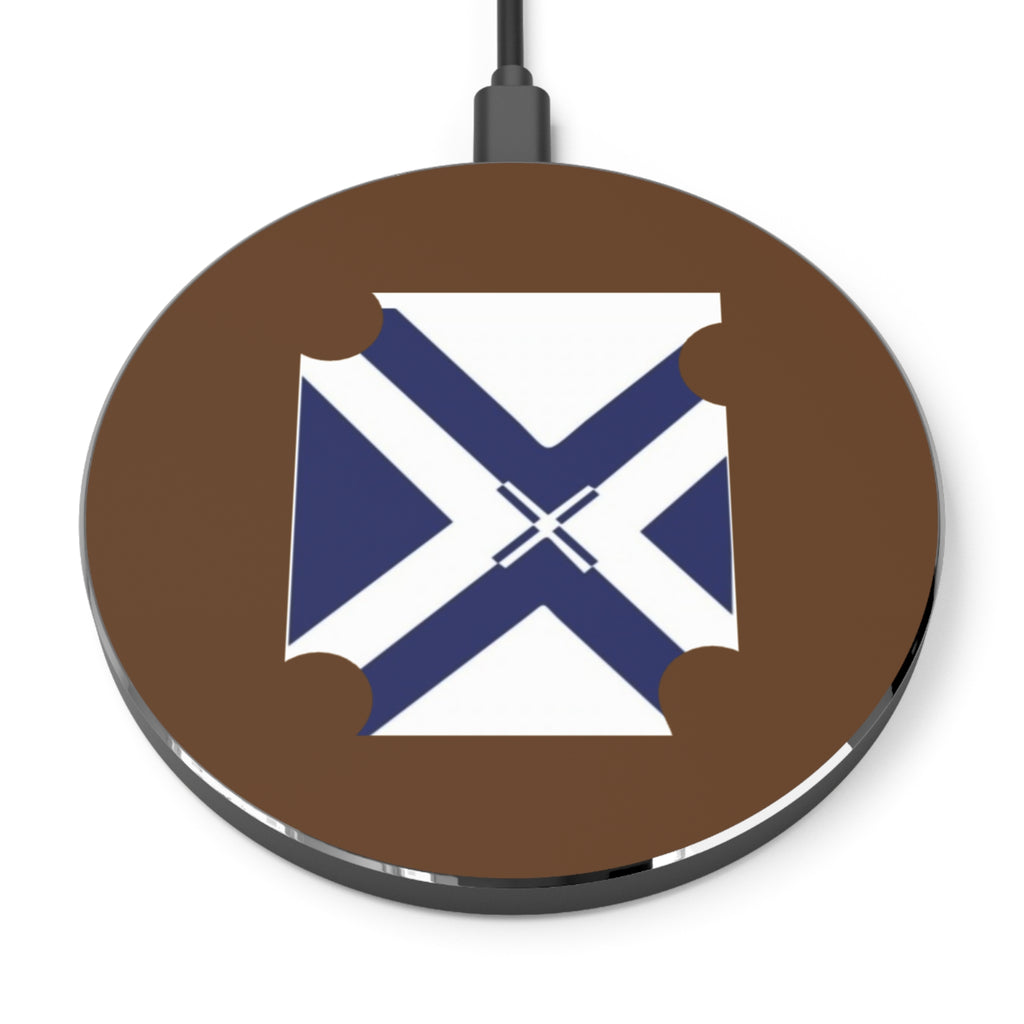 Brown Wireless Charger with Blue White Nautical Cross Design