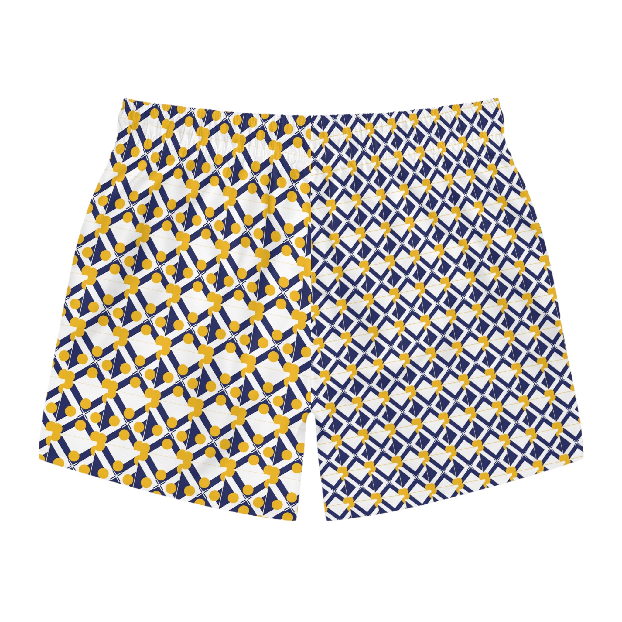 XT9 Split-Pattern Swim Trunks — Blue & Gold All-Over Print