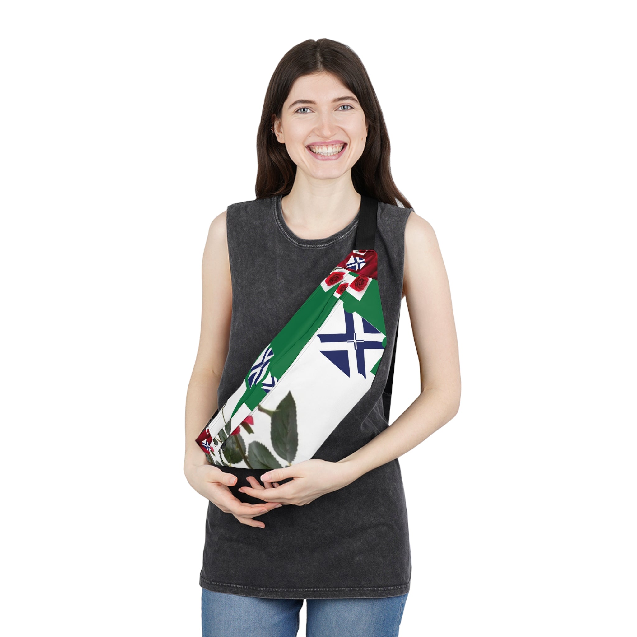 Floral Saltire Large Fanny Pack — Green Rose Pattern Hip Bag