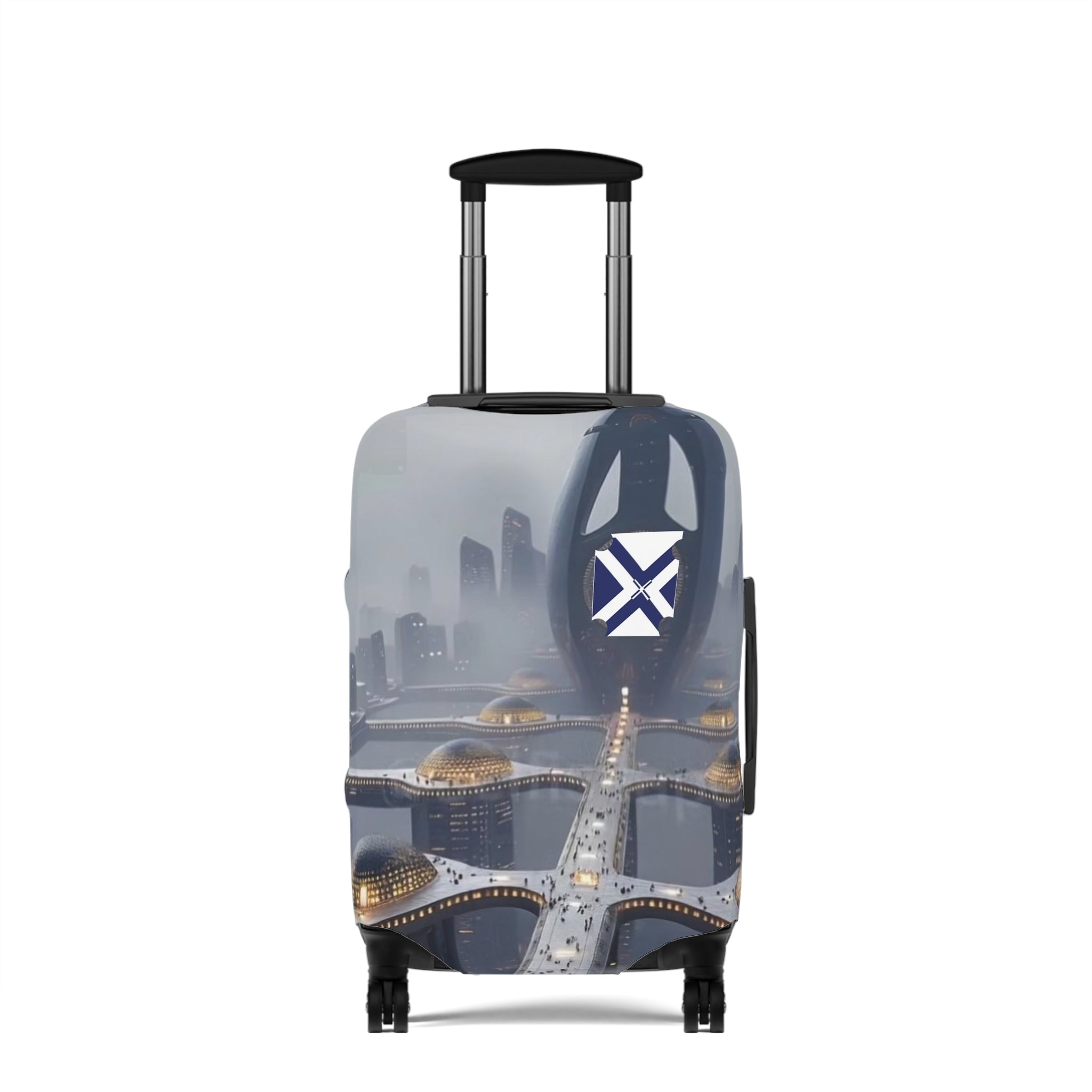 Cityscape Luggage Cover — Futuristic Night Skyline Travel Protector