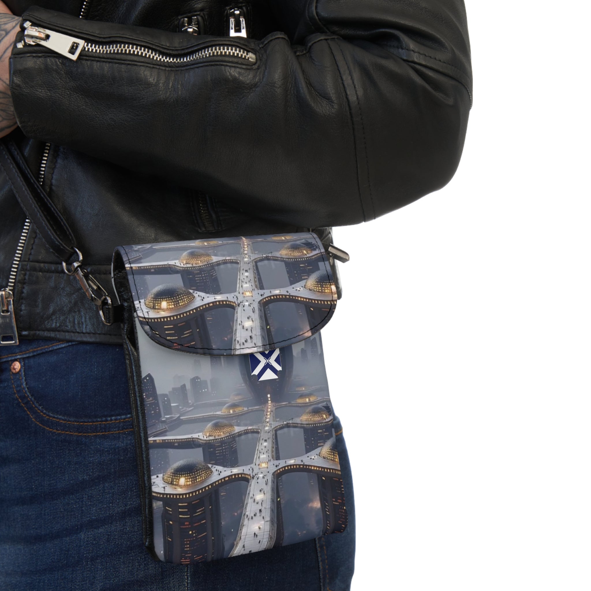 Small Phone Wallet Crossbody — Urban Skyline Design