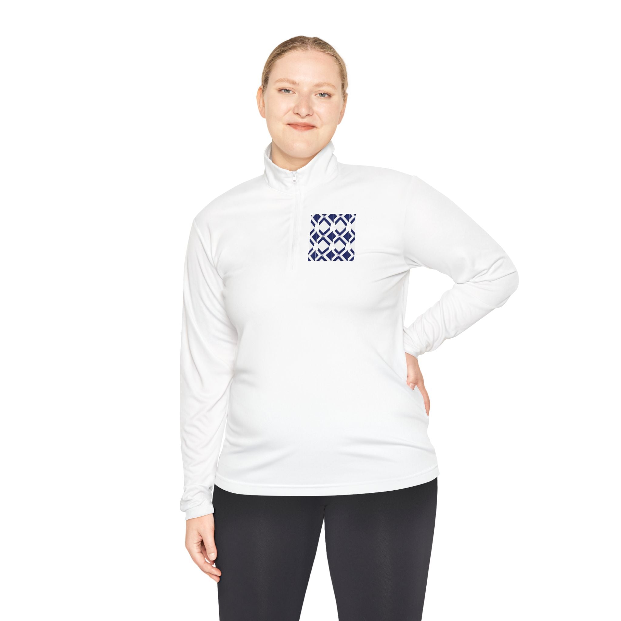 Quarter-Zip Pullover — Navy Geometric Tile Chest Graphic