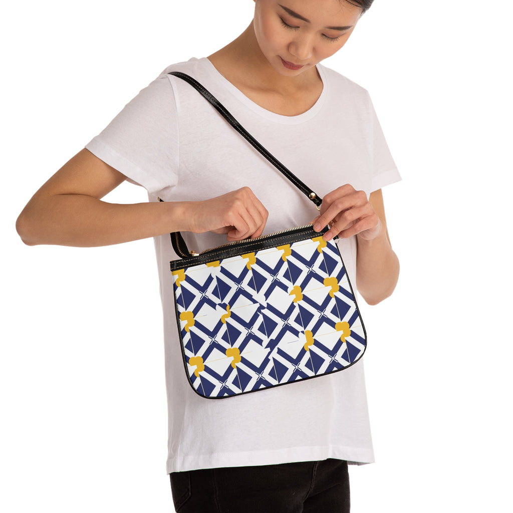 XT8 Navy & Mustard Small Shoulder Bag — Modern Lattice Print