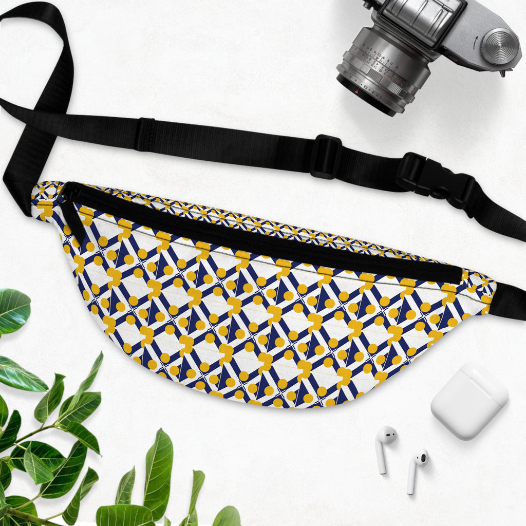 XT9 Yellow & Navy Pattern Fanny Pack — Retro Mosaic Waist Bag
