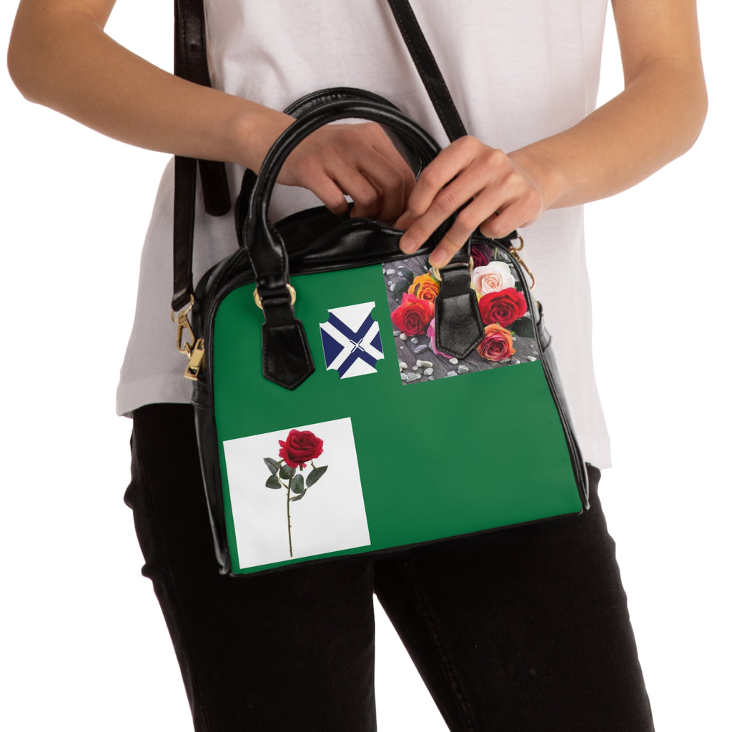 Green Rose Patchwork Shoulder Handbag — Floral Accent Tote
