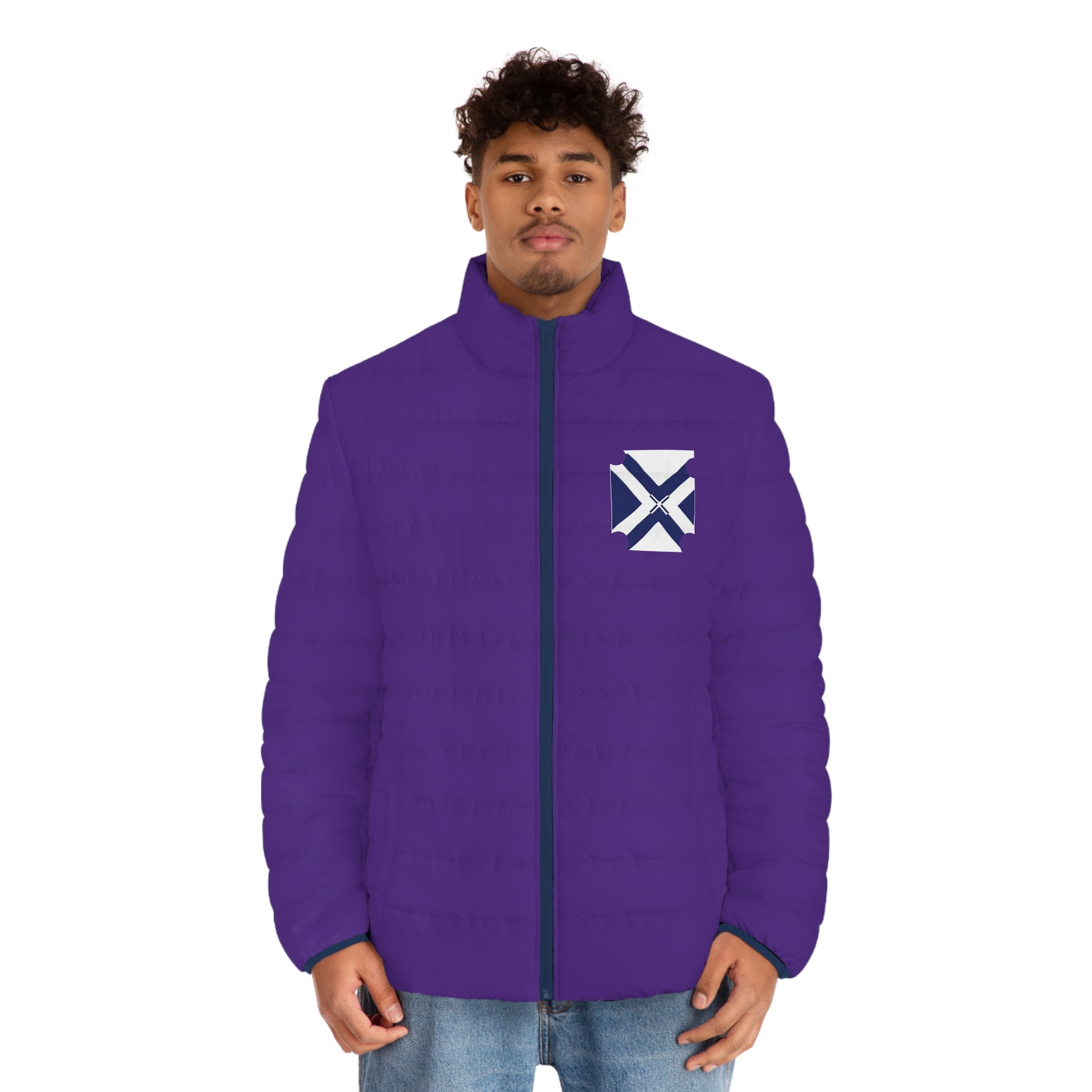 XT7 Puffer Jacket — Purple Quilted Coat with Geometric Badge