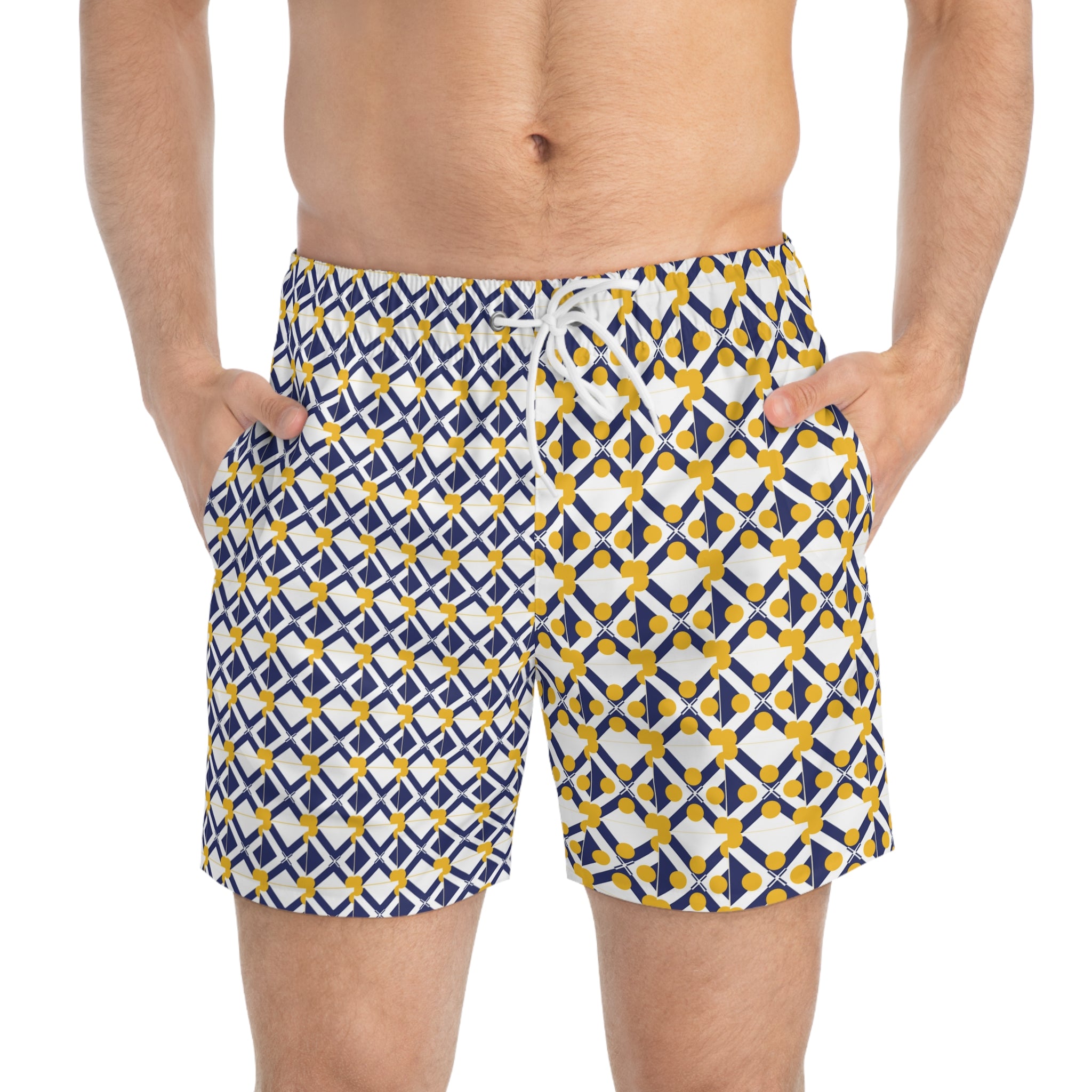 XT9 Split-Pattern Swim Trunks — Blue & Gold All-Over Print