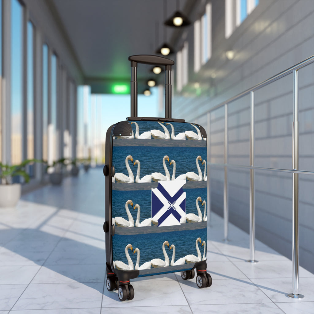Swan Pattern Carry-On Suitcase — Nautical Blue Luggage Cover with Saltire Accent