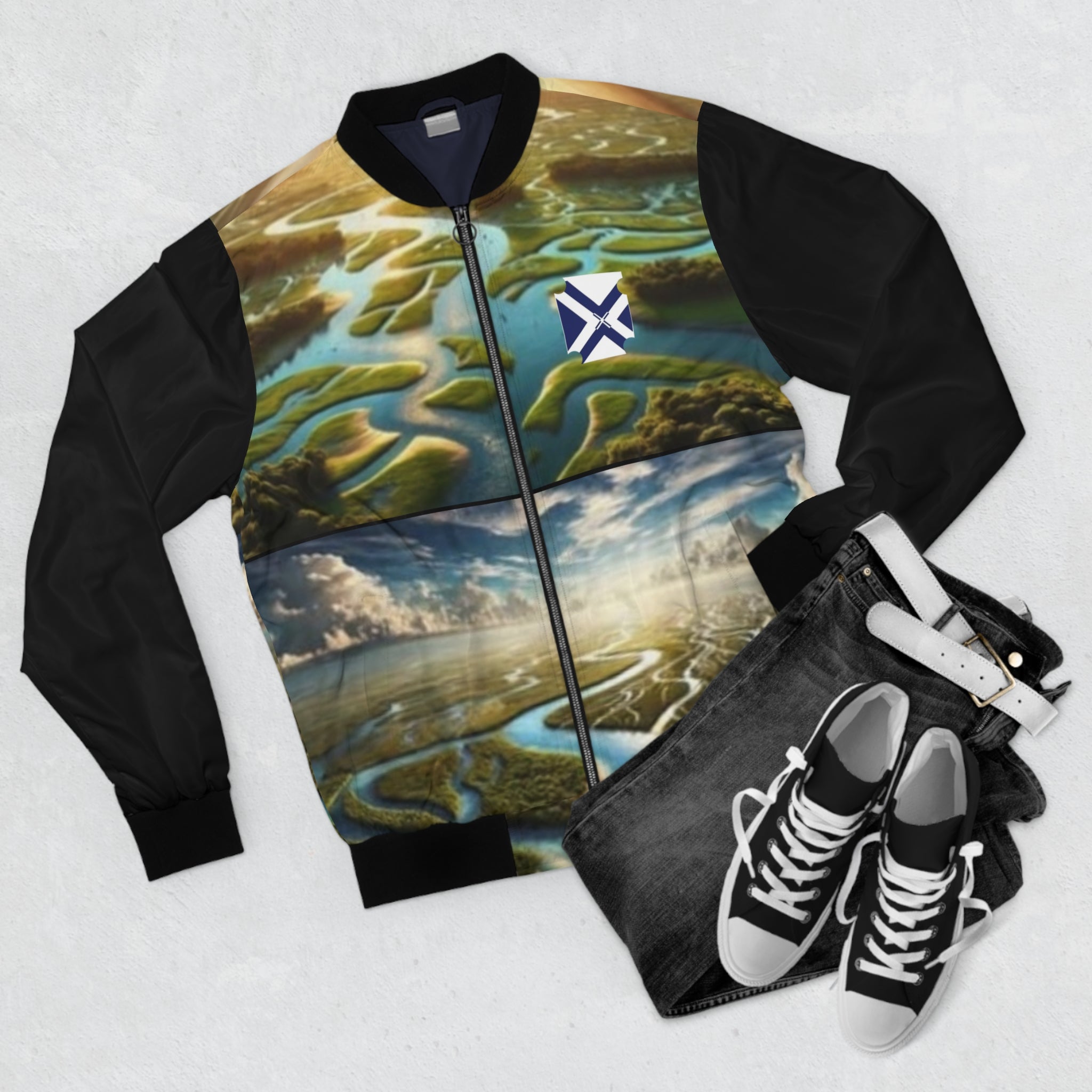 Scenic XT River Delta Bomber Jacket — All-Over-Print Landscape Flight Jacket