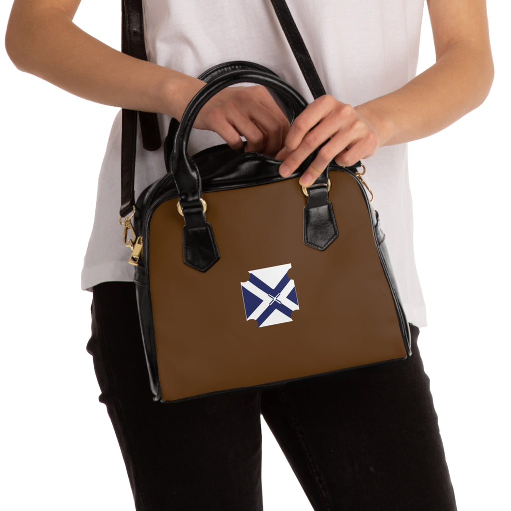 Brown Shoulder Handbag with Blue White Cross Emblem