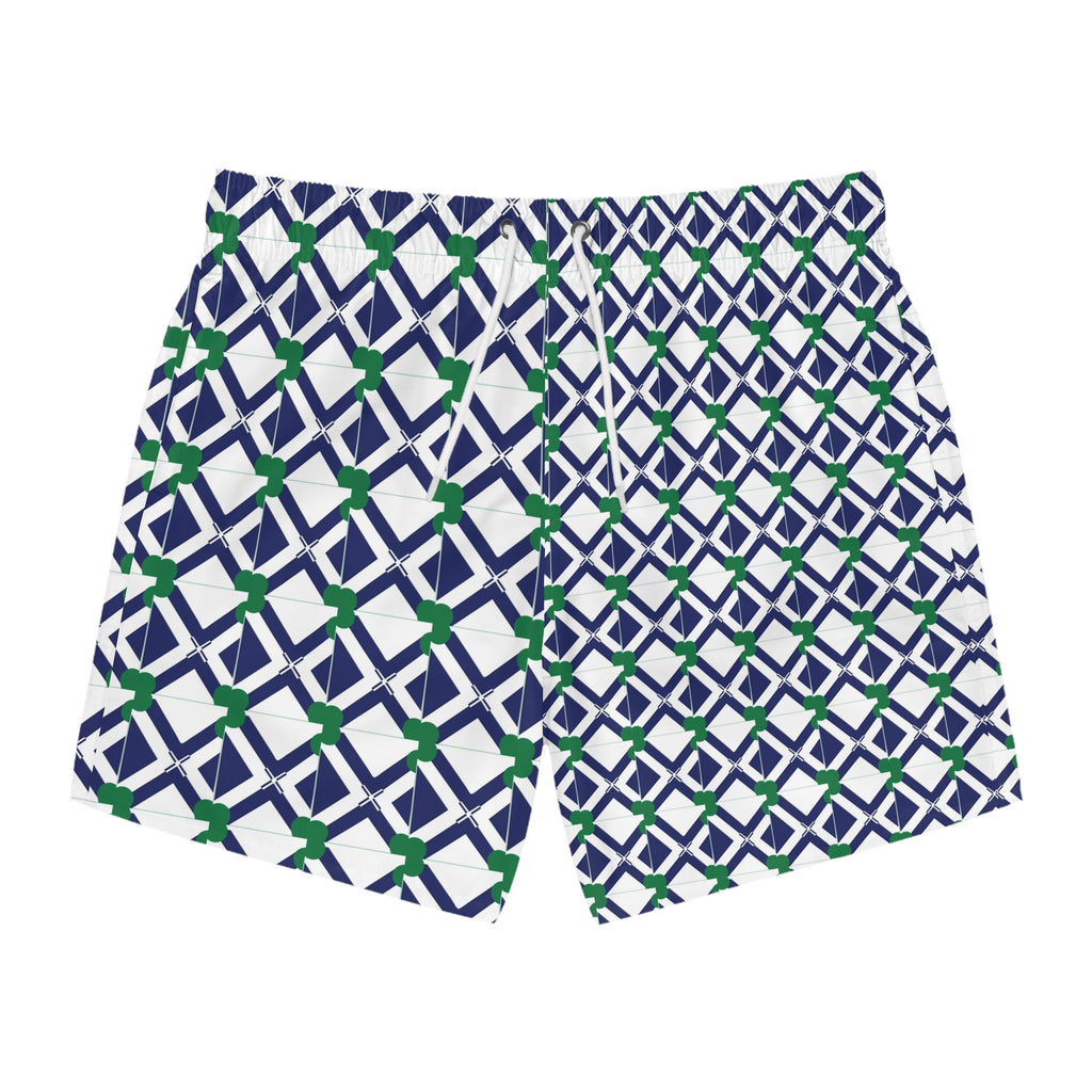 Swim Trunks — Navy Geometric Lattice Pattern with Green Accents