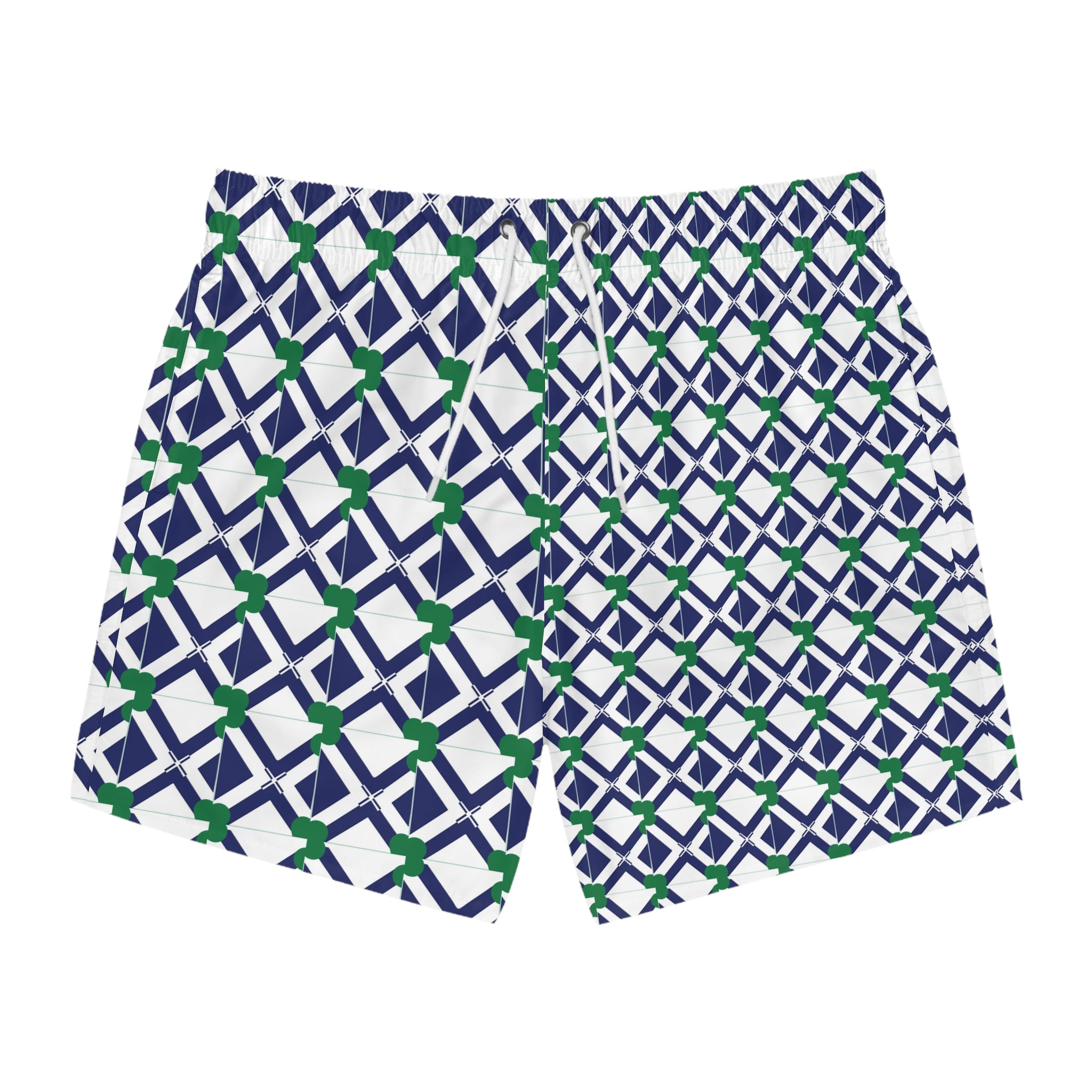 Swim Trunks — Navy Geometric Lattice Pattern with Green Accents