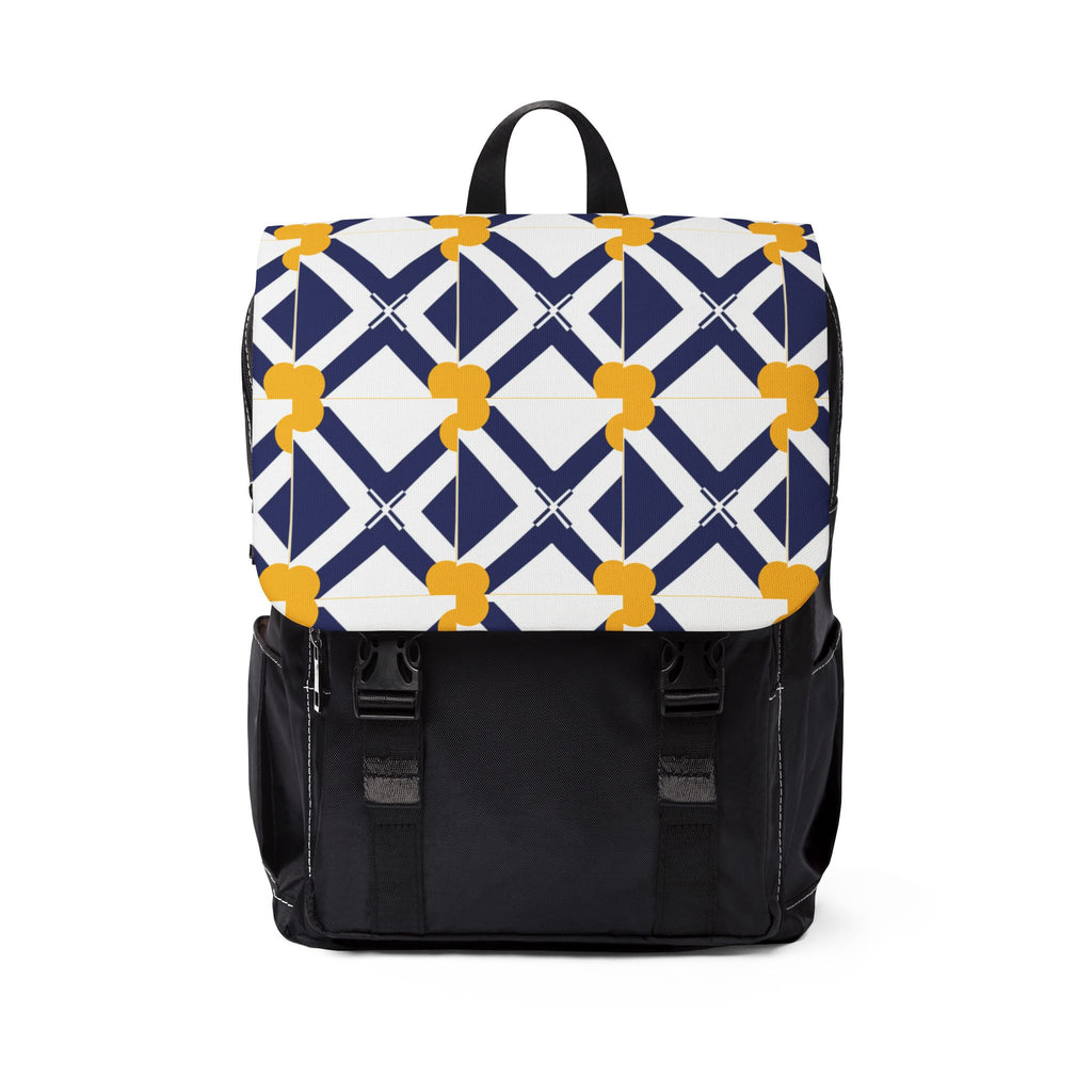 Navy & Yellow Geometric Pattern Backpack — Casual Shoulder Backpack