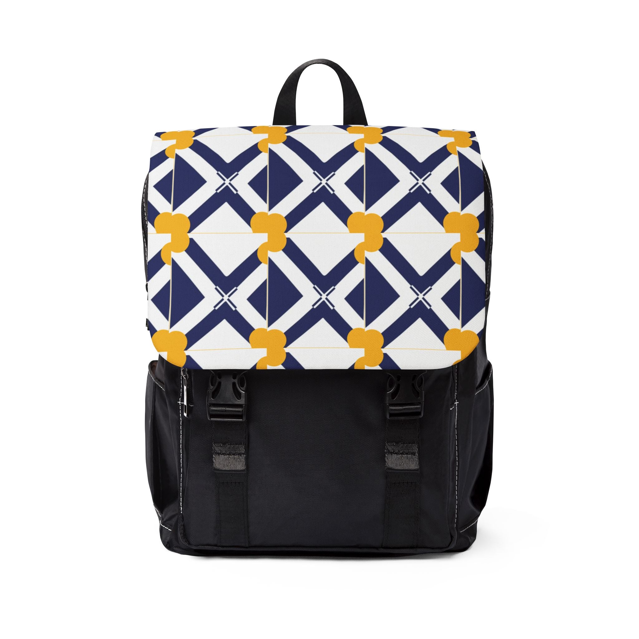Navy & Yellow Geometric Pattern Backpack — Casual Shoulder Backpack