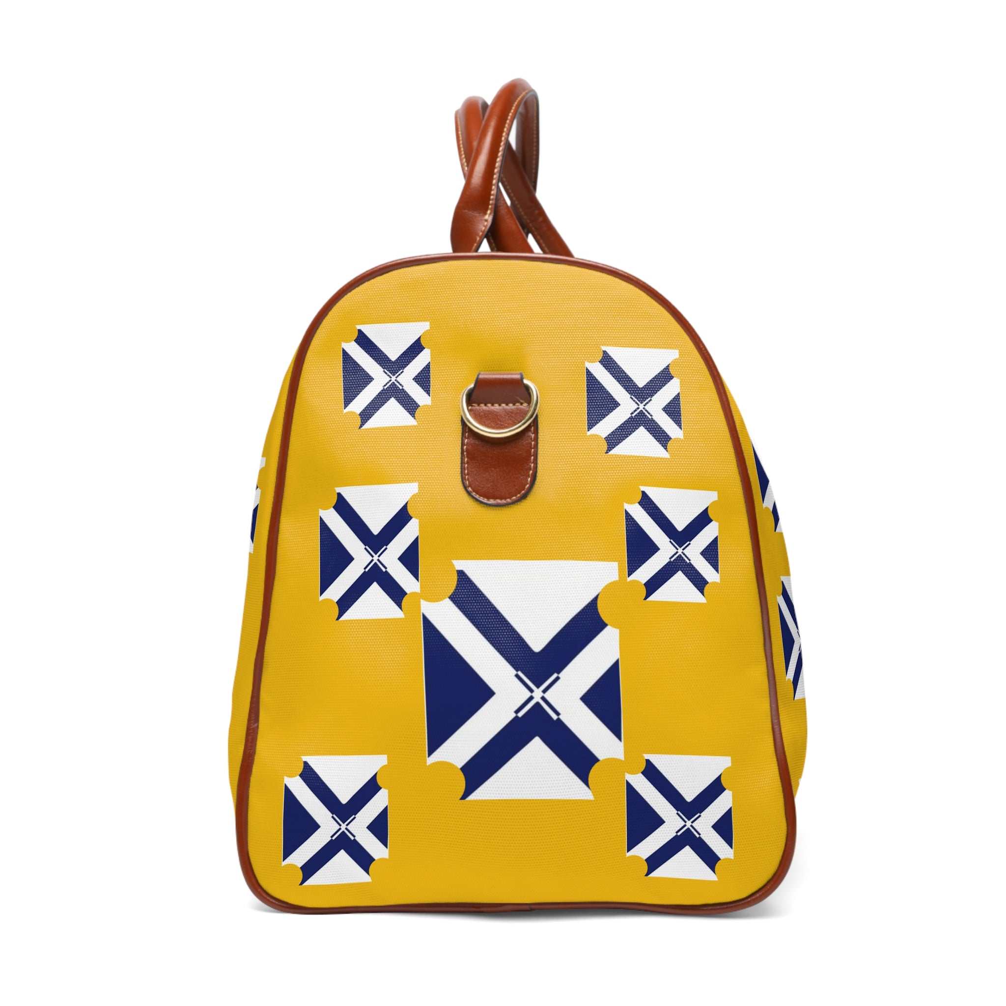 XT6 Waterproof Travel Duffel Bag — White Canvas with Brown Leather Trim & Minimal Blue Logo