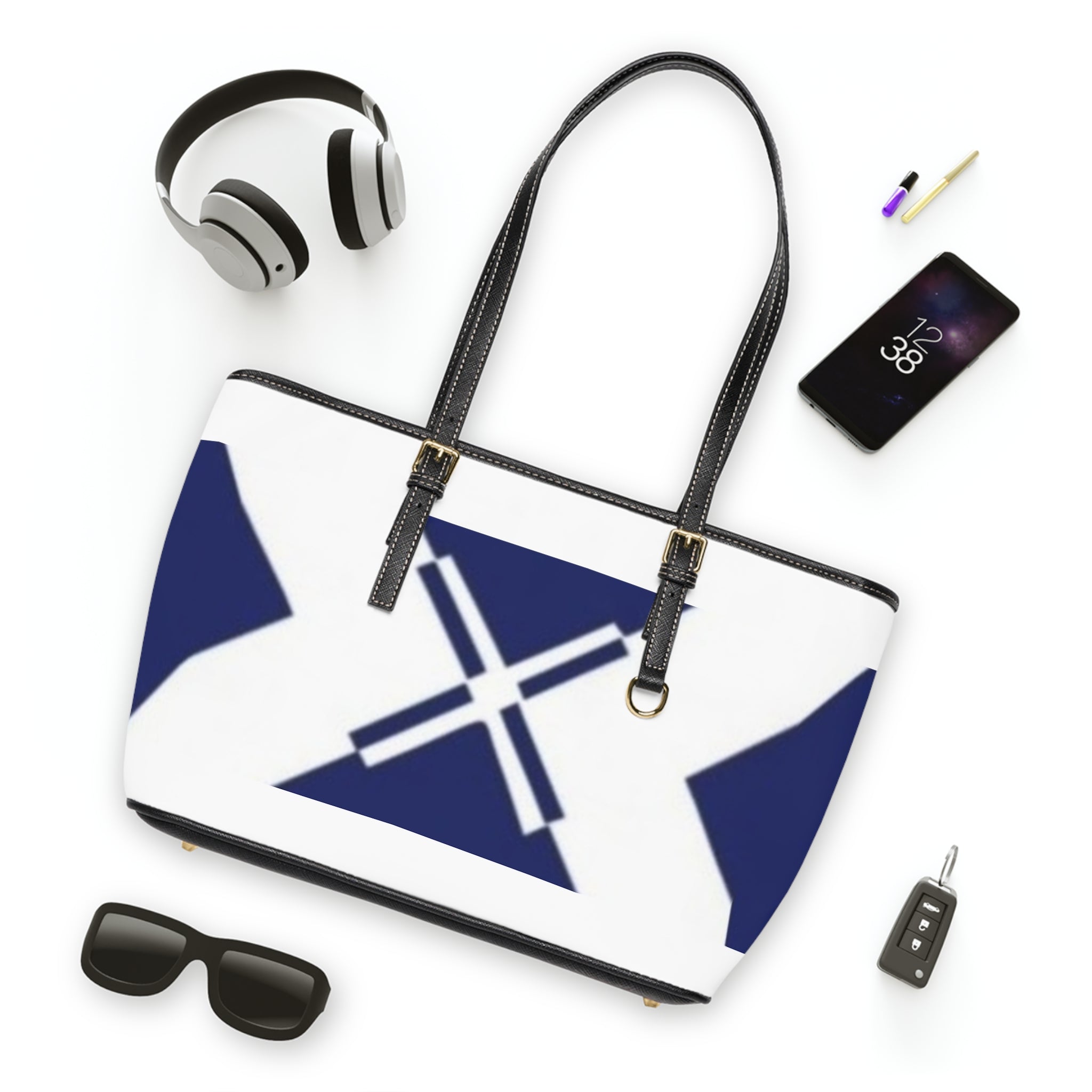 Nautical Navy Cross PU Leather Shoulder Bag - Coastal Tote with Modern Geometric Flag Design
