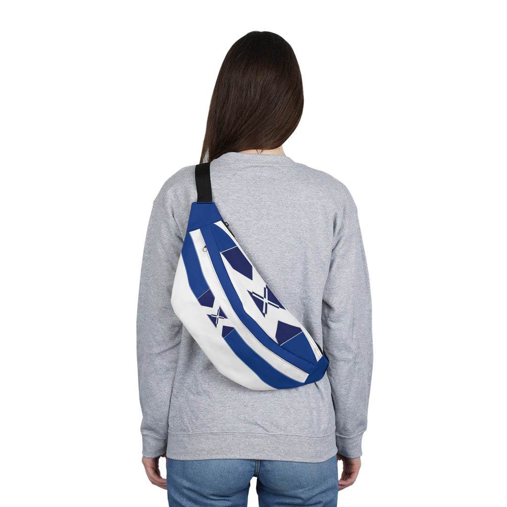 Blue Geometric Large Fanny Pack — Sporty Waist Bag with X Stripe Design