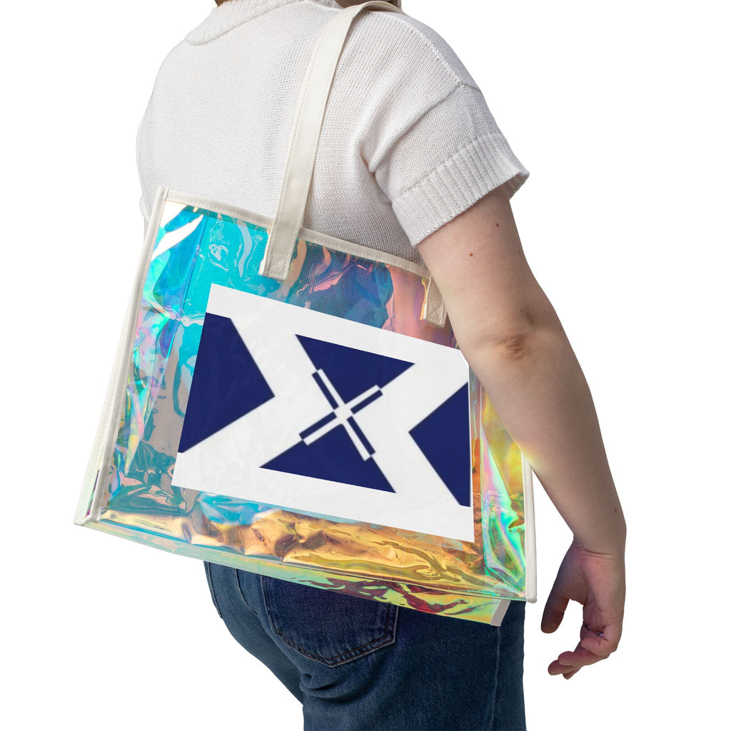 Holographic Beach Tote Bag — Iridescent Clear Carryall with Nautical X Patch