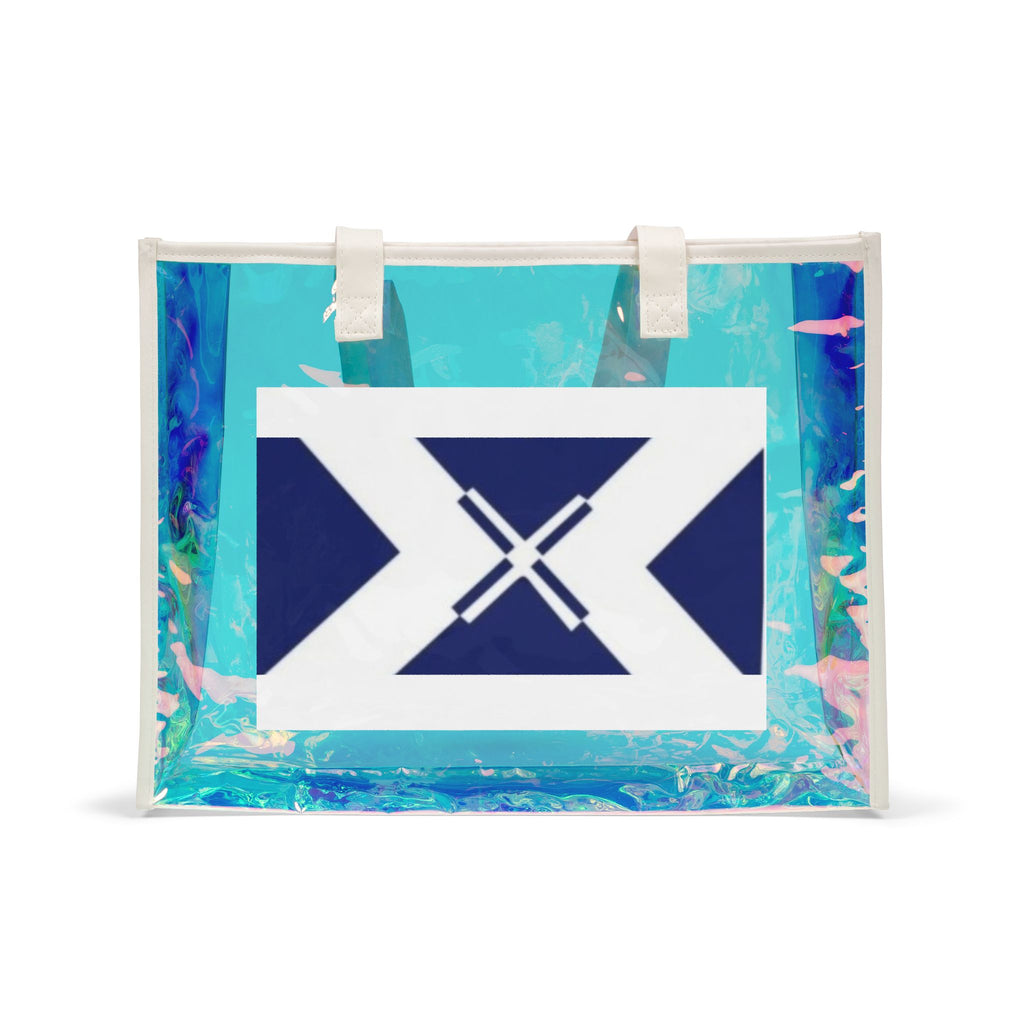 Holographic Beach Tote Bag — Iridescent Clear Carryall with Nautical X Patch