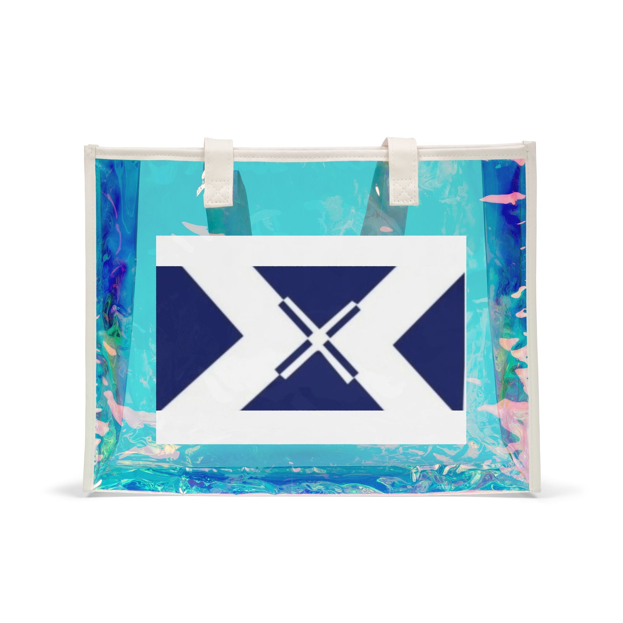 Holographic Beach Tote Bag — Iridescent Clear Carryall with Nautical X Patch